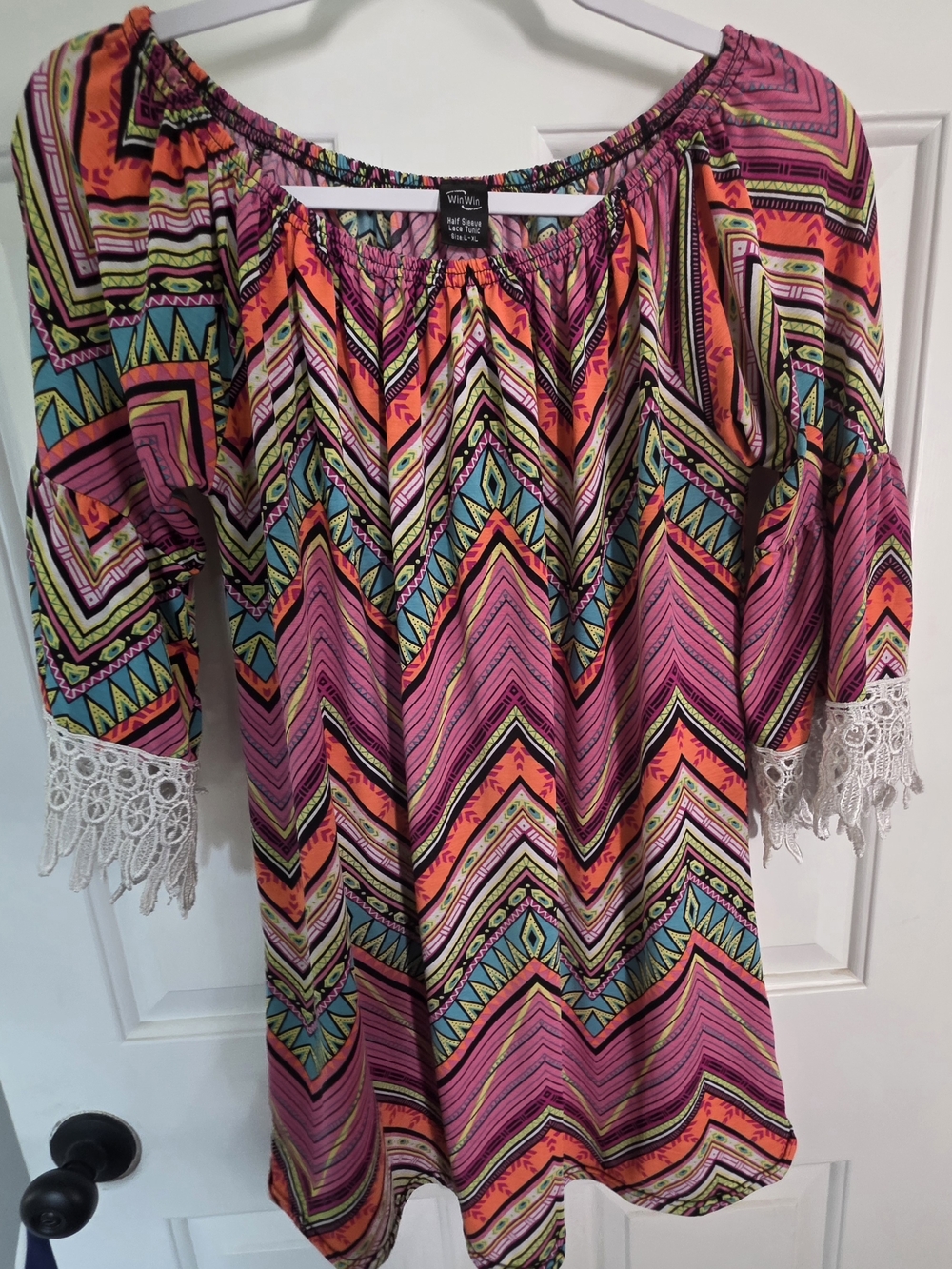 WinWin Pink Multicolor Off-Shoulder Tunic with Lace Trim